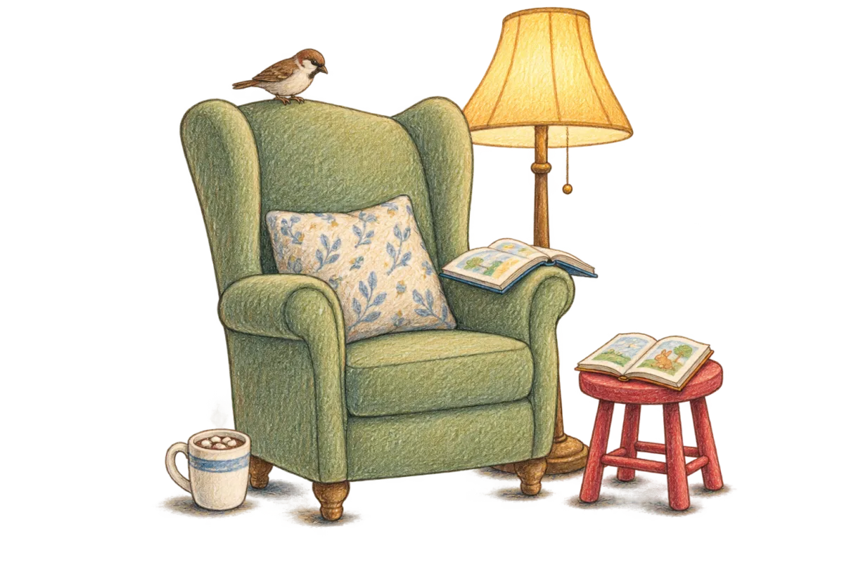Ein Lesesessel mit einem großen Buch und ein kleiner Hocker mit einem kleinen Buch